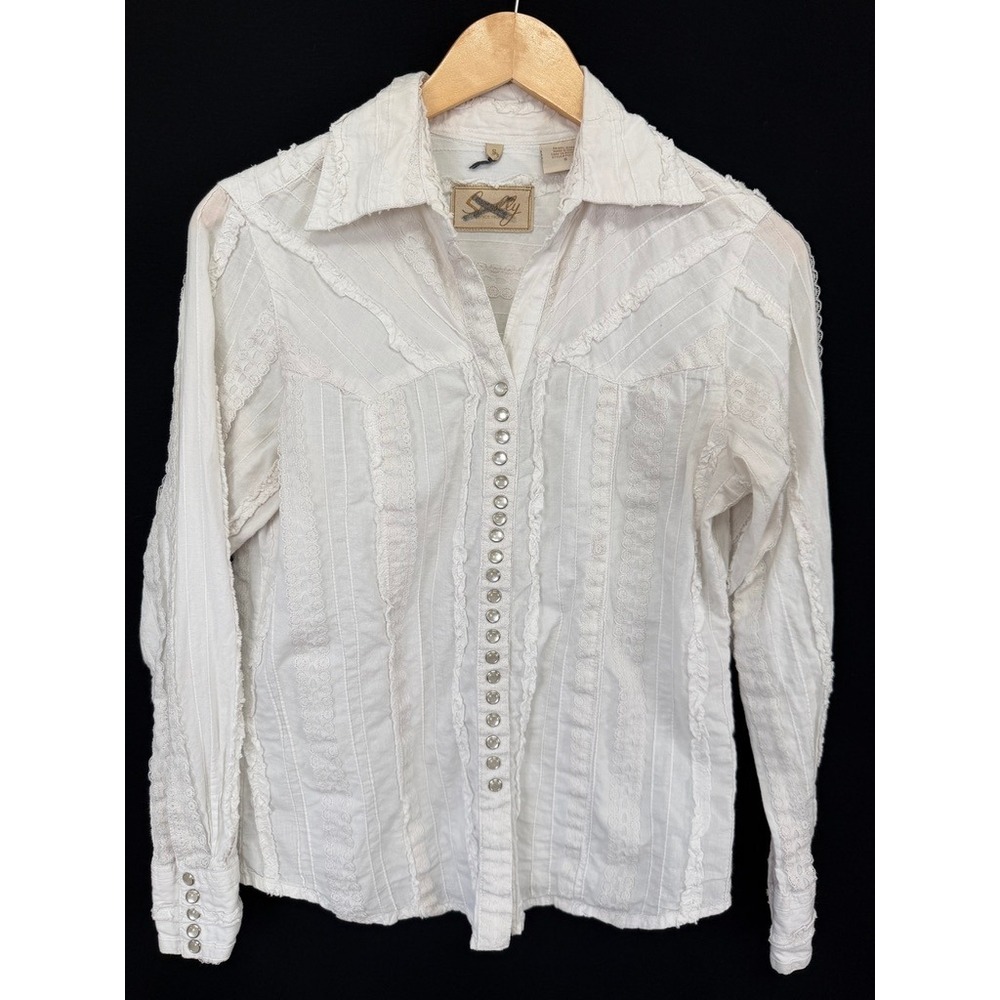 Scully Honey Creek White Cotton Ruffle Western Blouse Women Size Small Boho Lace